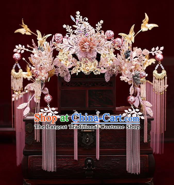 Chinese Traditional Wedding Pink Flowers Phoenix Coronet Bride Handmade Tassel Hairpins Hair Accessories Complete Set for Women