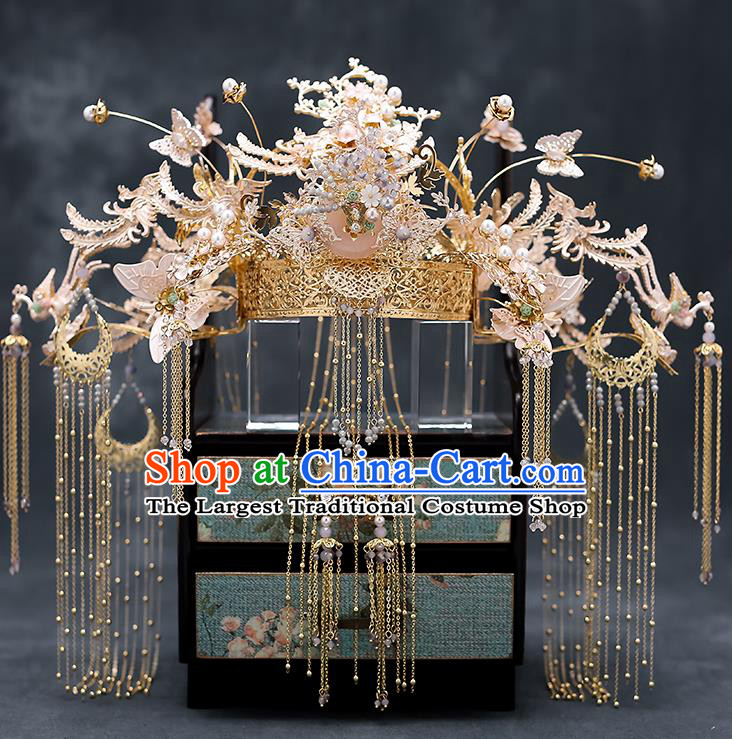 Chinese Traditional Wedding Golden Phoenix Coronet Bride Handmade Tassel Hairpins Hair Accessories Complete Set for Women