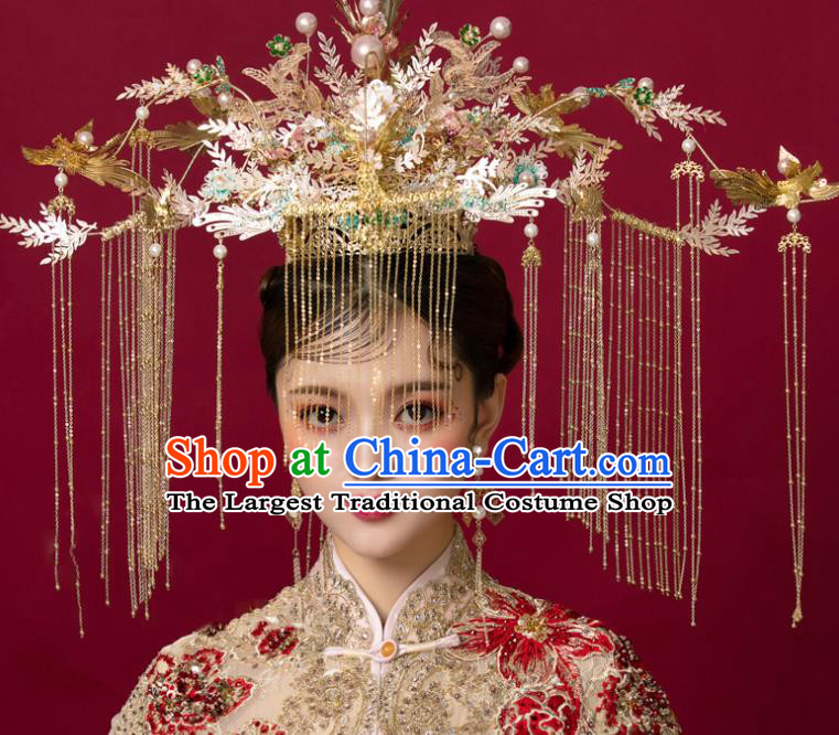 Top Chinese Traditional Wedding Golden Phoenix Coronet Bride Handmade Tassel Hairpins Hair Accessories Complete Set