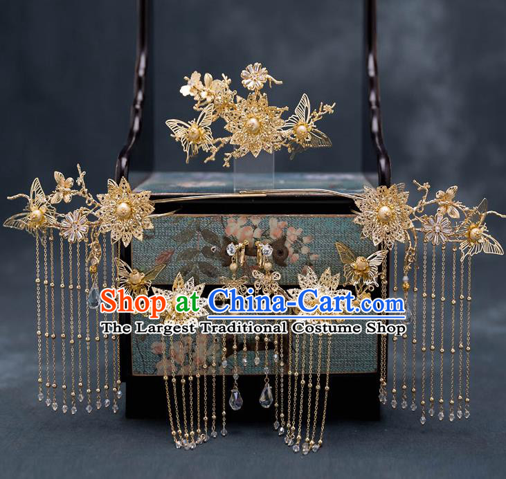 Top Chinese Traditional Wedding Golden Butterfly Hair Comb Bride Handmade Tassel Hairpins Hair Accessories Complete Set