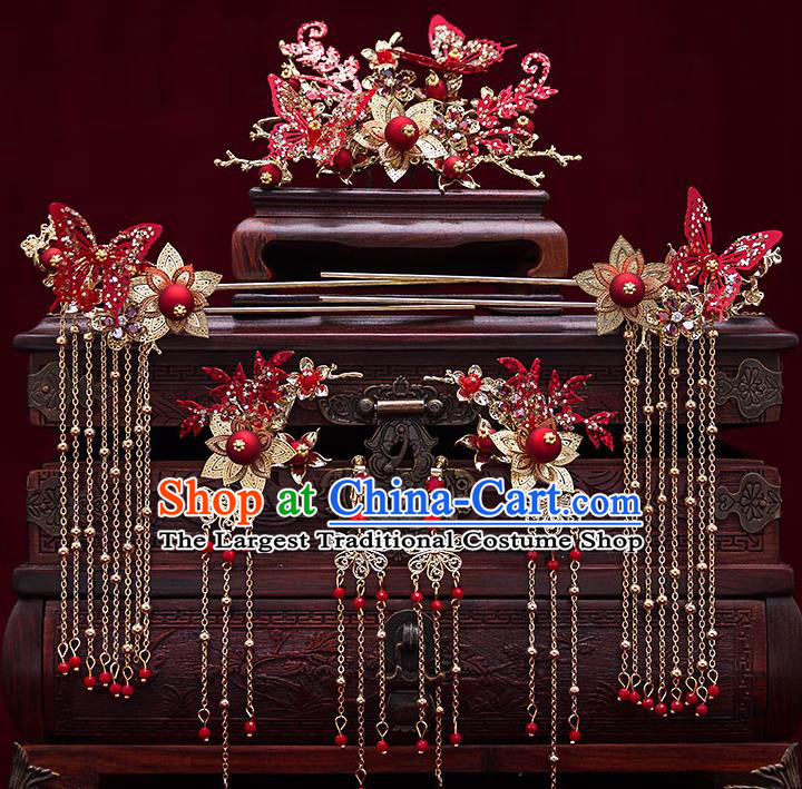 Top Chinese Traditional Wedding Red Butterfly Hair Comb Bride Handmade Tassel Hairpins Hair Accessories Complete Set