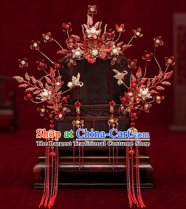 Top Chinese Traditional Wedding Red Flowers Hair Comb Bride Handmade Tassel Hairpins Hair Accessories Complete Set