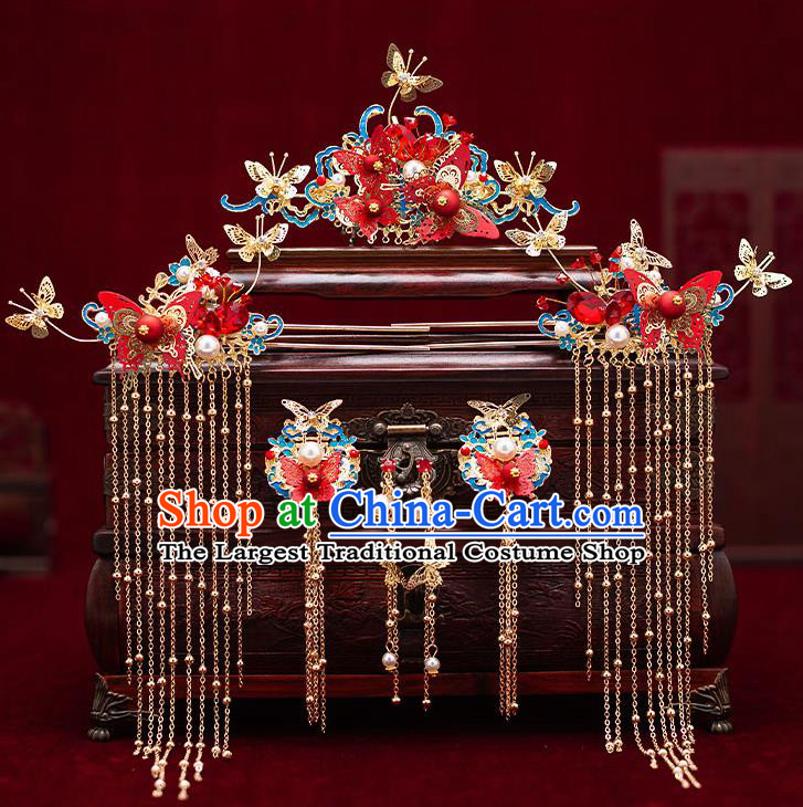 Top Chinese Traditional Wedding Cloisonne Hair Combs Bride Handmade Tassel Hairpins Hair Accessories Complete Set