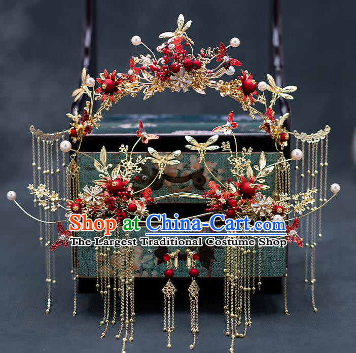 Top Chinese Traditional Wedding Dragonfly Tassel Phoenix Coronet Bride Handmade Hairpins Hair Accessories Complete Set