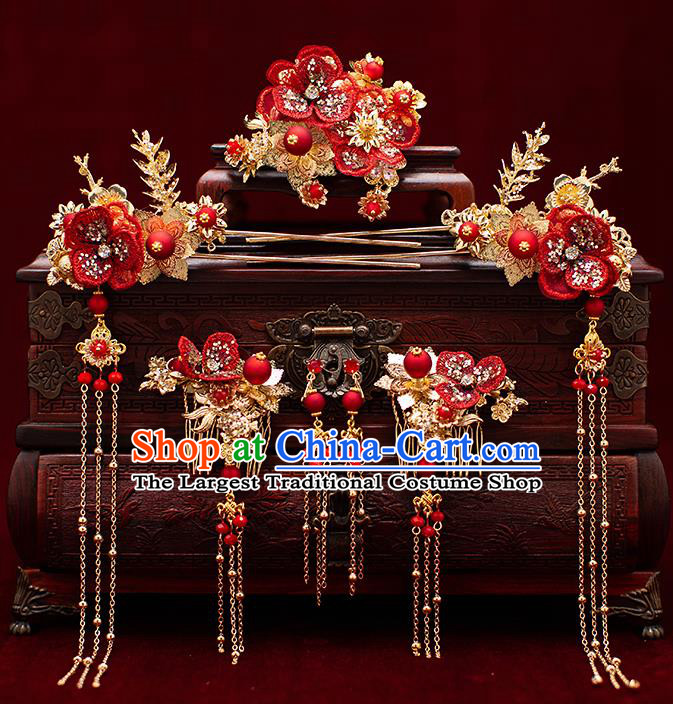 Top Chinese Traditional Wedding Red Flower Hair Combs Bride Handmade Hairpins Hair Accessories Complete Set