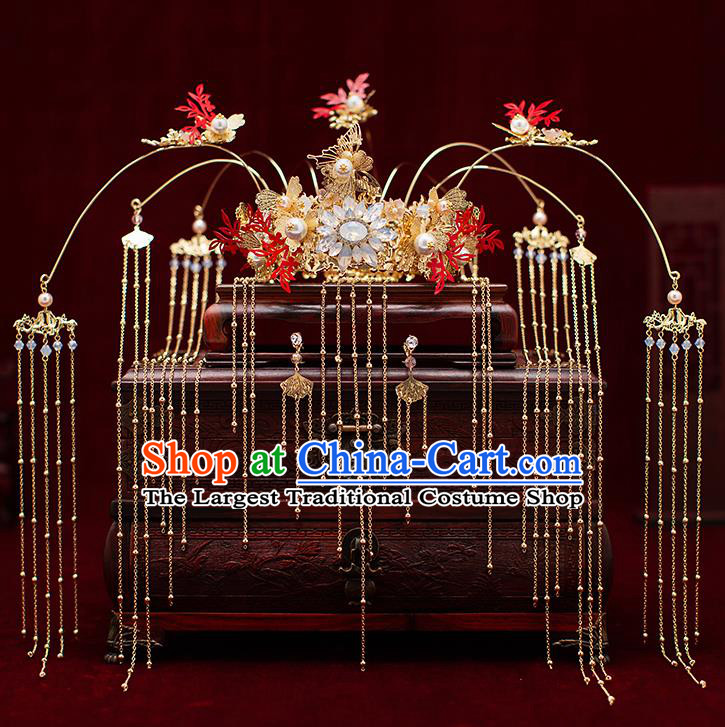 Top Chinese Traditional Wedding Tassel Opal Hair Crown Bride Handmade Hairpins Hair Accessories Complete Set