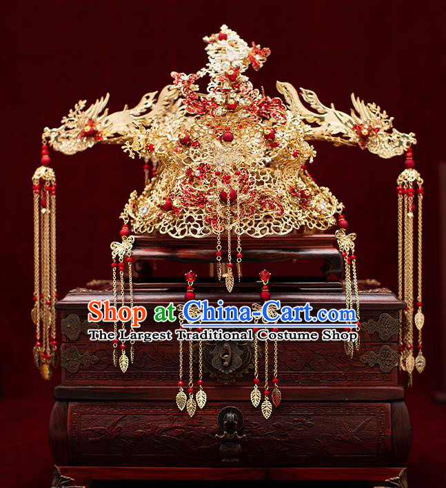 Top Chinese Traditional Wedding Phoenix Hair Crown Bride Handmade Hairpins Hair Accessories Complete Set