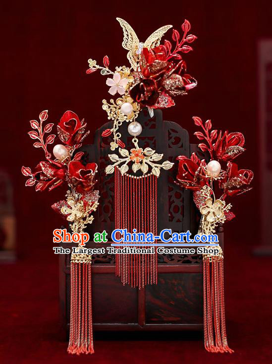 Top Chinese Traditional Wedding Red Tassel Hair Comb Bride Handmade Hairpins Hair Accessories Complete Set