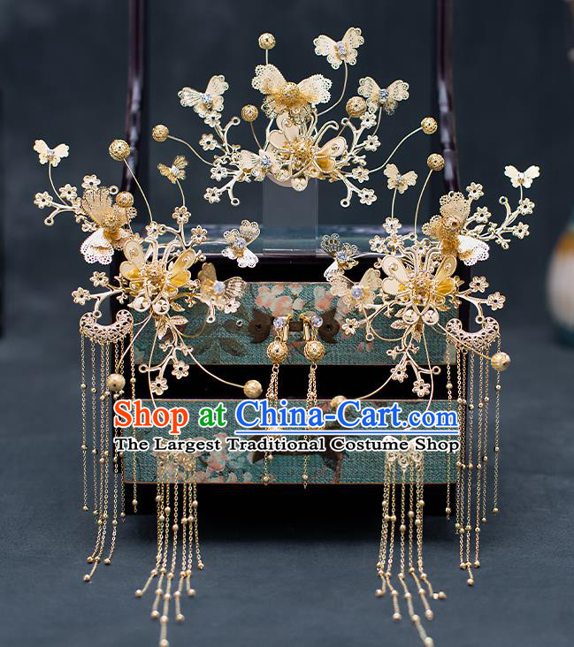 Top Chinese Traditional Wedding Hair Comb Bride Handmade Golden Butterfly Hairpins Hair Accessories Complete Set