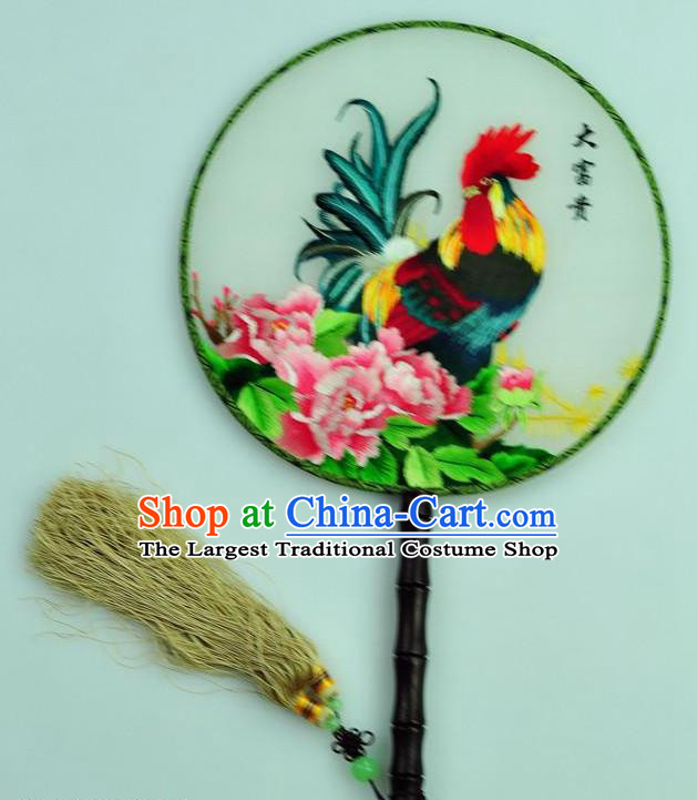 Chinese Traditional Embroidered Silk Fans Craft Handmade Su Embroidery Cock Peony Palace Fan Round Fan