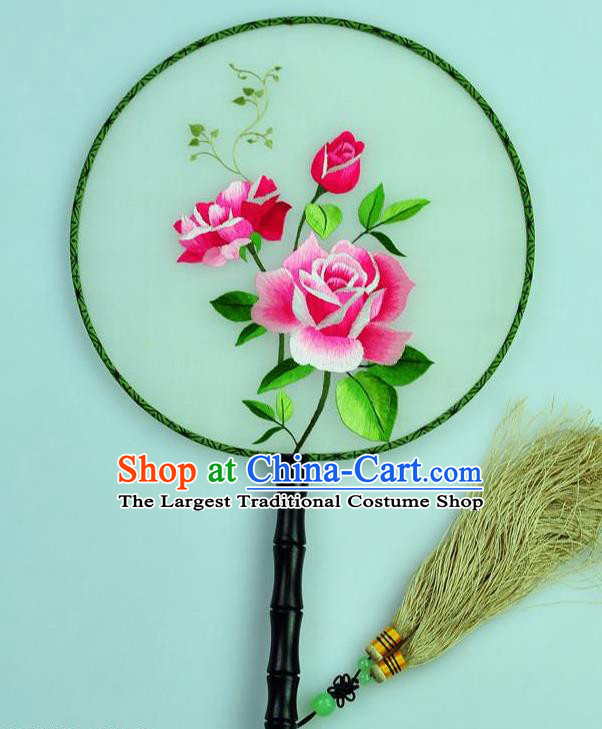 Chinese Traditional Embroidered Roses Silk Fans Craft Handmade Su Embroidery Palace Fan Round Fan