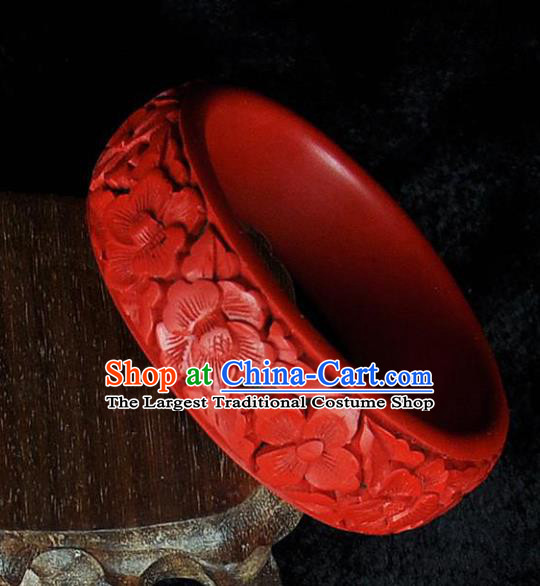 Traditional Chinese Handmade Wood Bracelet Lacquerware Carving Flowers Bangle Craft