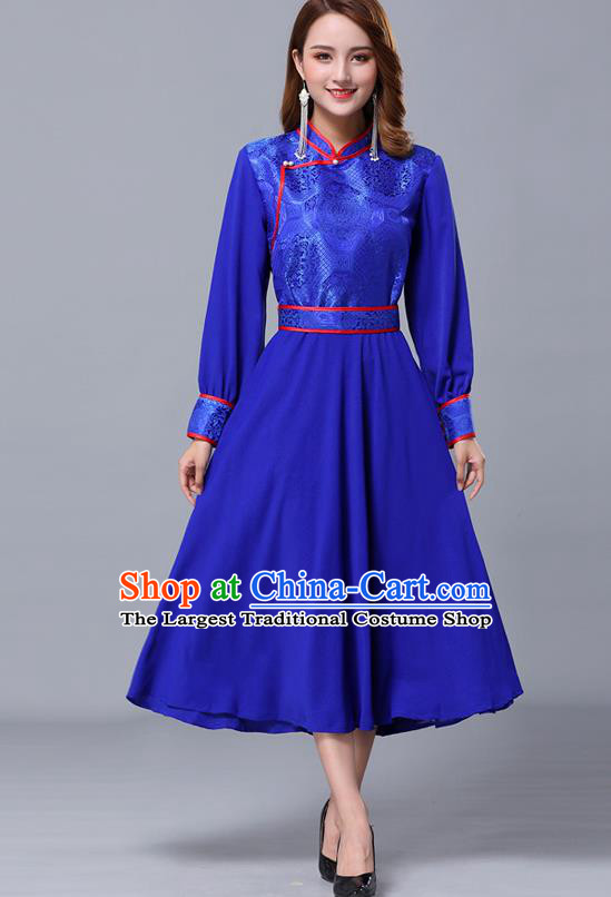 Chinese Traditional Mongolian Nationality Royalblue Dress Minority Garment Mongol Ethnic Stand Collar Costume for Women