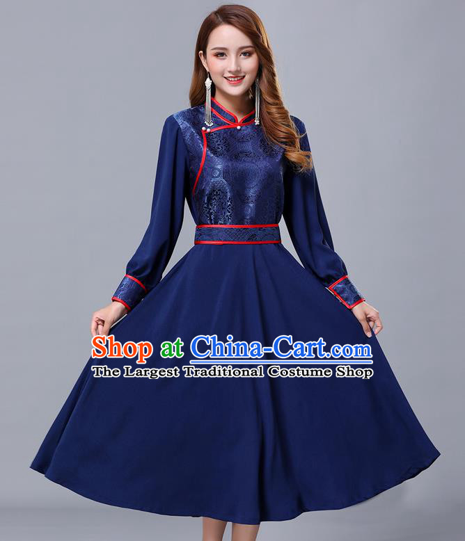 Chinese Traditional Mongolian Nationality Navy Dress Minority Garment Mongol Ethnic Stand Collar Costume for Women