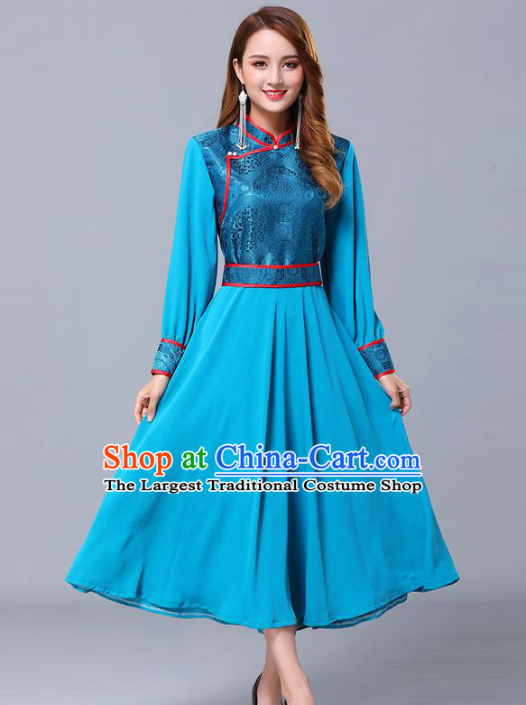 Chinese Traditional Mongolian Nationality Blue Dress Minority Garment Mongol Ethnic Stand Collar Costume for Women