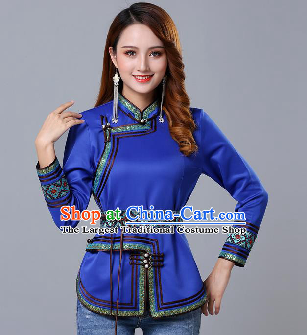 Chinese Traditional Royalblue Satin Blouse Mongol Ethnic Nationality Costume Mongolian Minority Upper Outer Garment for Women