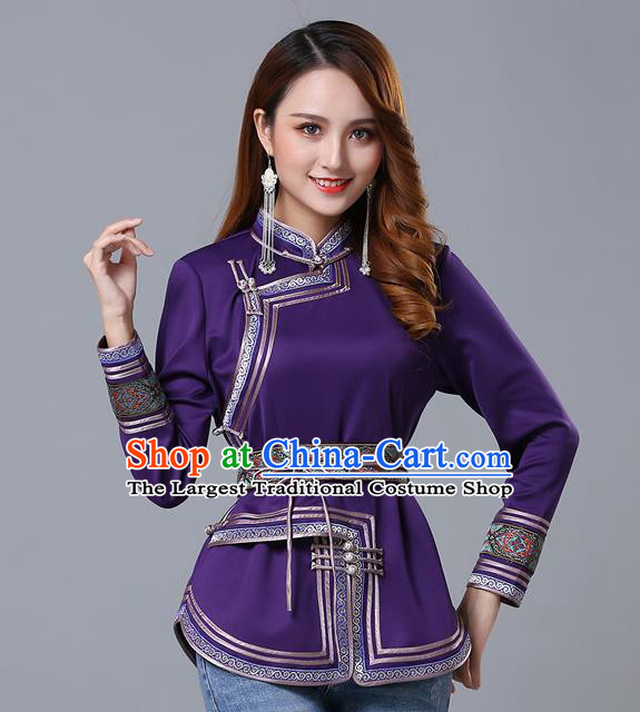 Chinese Traditional Purple Satin Blouse Mongol Ethnic Nationality Costume Mongolian Minority Upper Outer Garment for Women