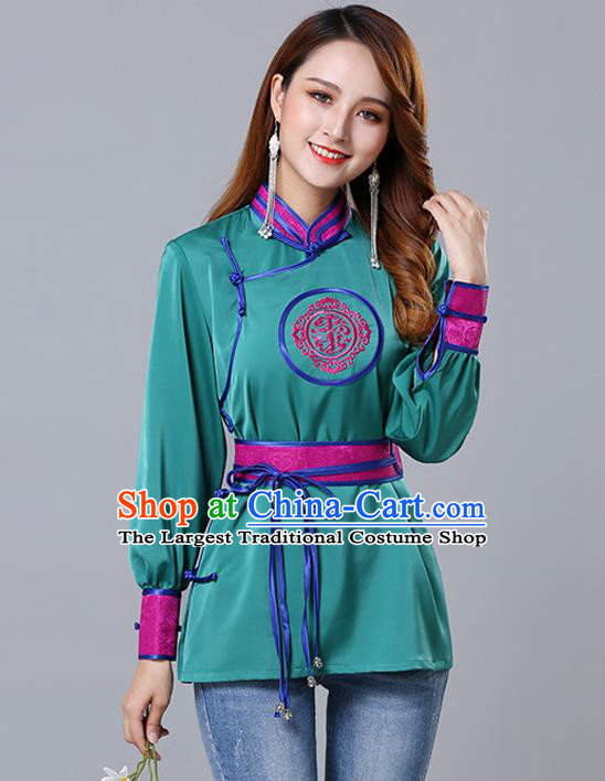 Chinese Traditional Mongolian Minority Green Satin Blouse Mongol Ethnic Nationality Upper Outer Garment Costume for Women