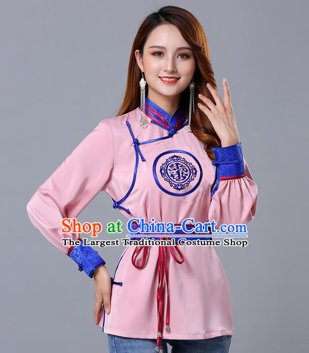 Chinese Traditional Mongolian Minority Pink Satin Blouse Mongol Ethnic Nationality Upper Outer Garment Costume for Women