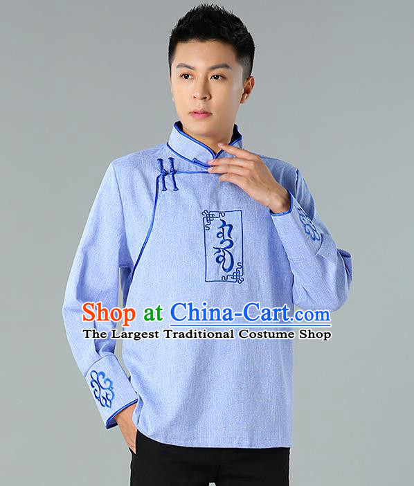 Chinese Mongolian Nationality Light Blue Linen Upper Outer Garment Traditional Mongol Ethnic Minority Shirt Costume for Men