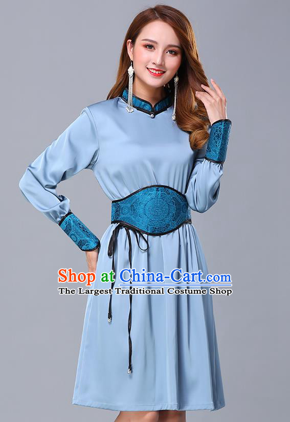 Chinese Traditional Mongolian Embroidered Blue Short Dress Minority Garment Mongol Ethnic Nationality Stand Collar Costume for Women