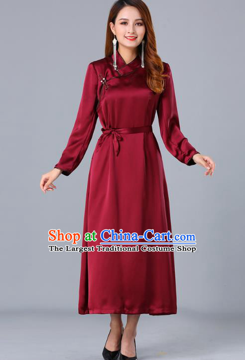 Chinese Traditional Mongolian Nationality Wine Red Satin Dress Ethnic Woman Informal Costume Mongol Minority Garment Apparels