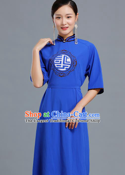 Traditional Chinese Woman Apparels Mongolian Nationality Royalblue Dress Ethnic Informal Costume Mongol Minority Garment