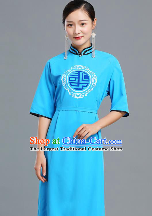 Traditional Chinese Woman Apparels Mongolian Nationality Blue Dress Ethnic Informal Costume Mongol Minority Garment