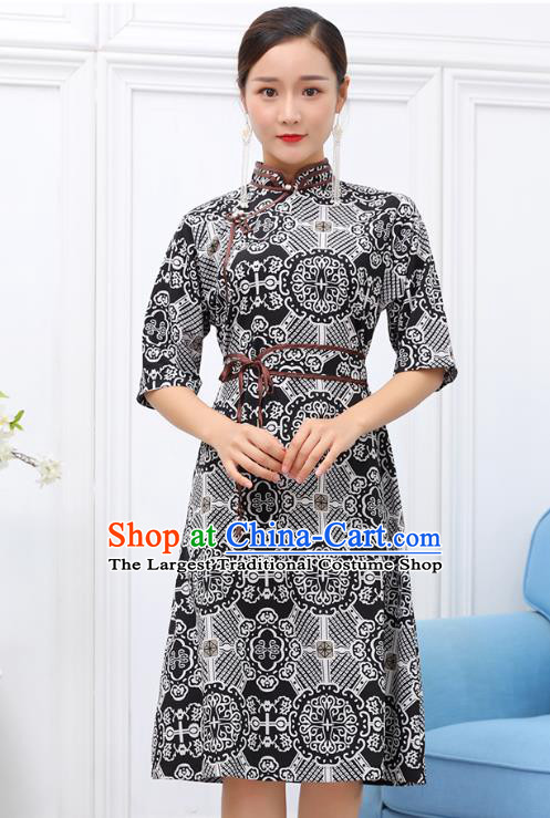 Traditional Chinese Ethnic Woman Black Dress Mongol Minority Garment Costume Mongolian Nationality Informal Apparels