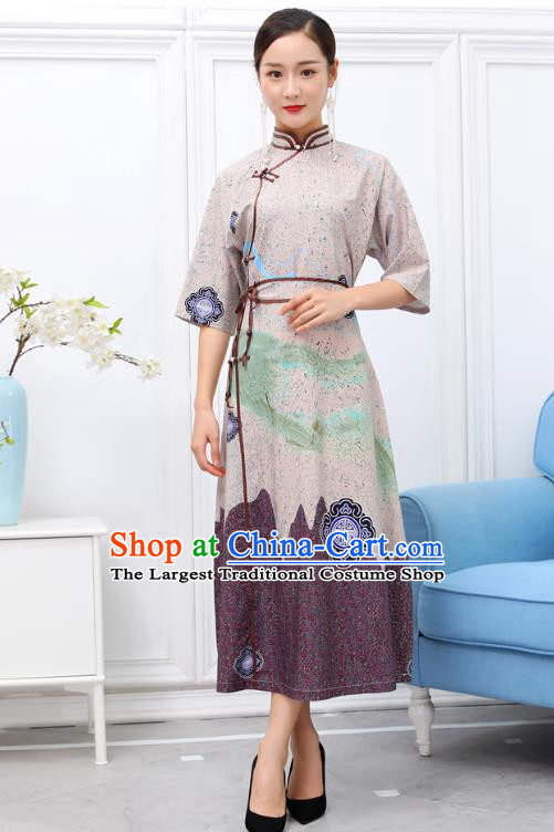 Traditional Chinese Ethnic Beige Chiffon Dress Mongol Minority Garment Costume Mongolian Nationality Informal Apparels for Woman