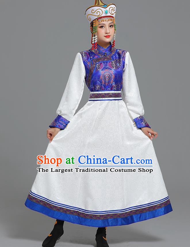 Traditional Chinese Ethnic Folk Dance Costume Mongol Minority White Dress Garment Mongolian Nationality Women Apparels