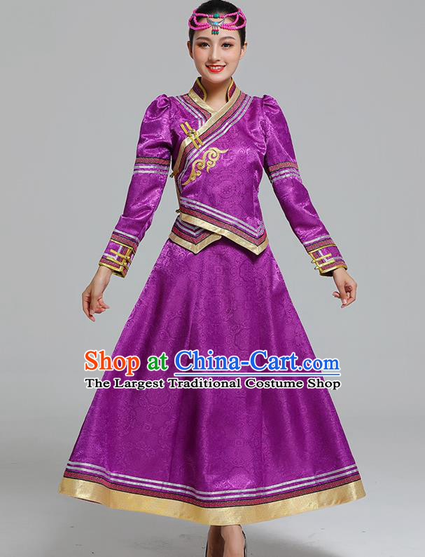 Traditional Chinese Mongol Minority Ethnic Costume Garment Mongolian Nationality Women Folk Dance Apparels Purple Blouse and Skirt