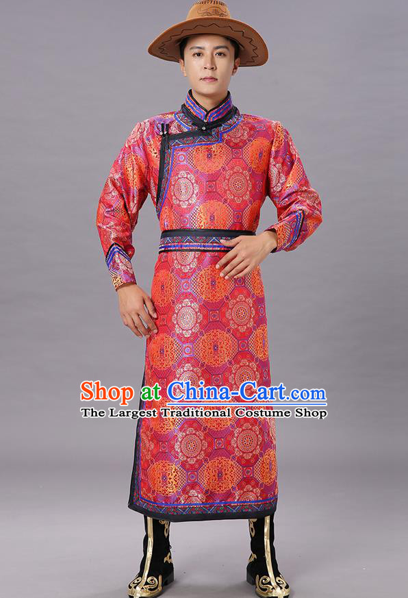 Chinese Traditional Ethnic Dance Garment Mongol Minority Costume Red Brocade Mongolian Robe for Men