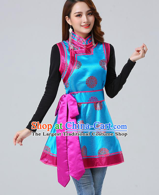 Traditional Chinese Mongol Minority Blue Brocade Vest Dress Ethnic Costume Mongolian Nationality Women Garment Apparels