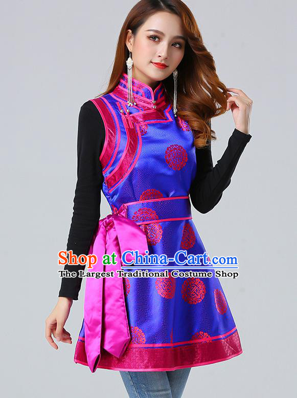 Traditional Chinese Mongol Minority Royalblue Brocade Vest Dress Ethnic Costume Mongolian Nationality Women Garment Apparels