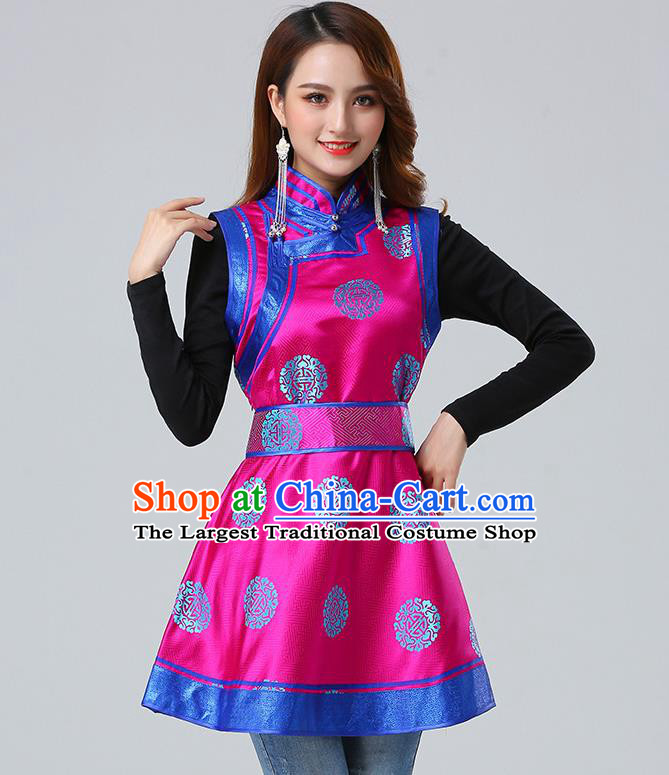 Traditional Chinese Mongol Minority Rosy Brocade Vest Dress Ethnic Costume Mongolian Nationality Women Garment Apparels