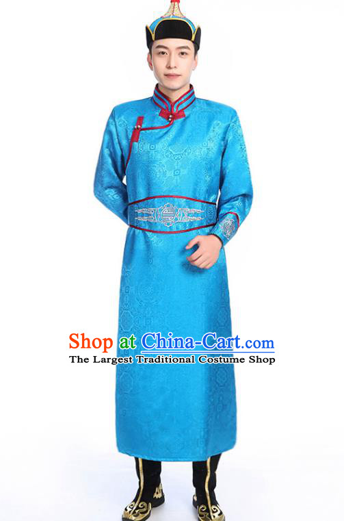 Chinese Traditional Blue Brocade Mongolian Robe Ethnic Men Dance Garment Mongol Minority Wedding Costume