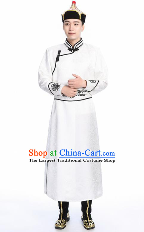 Chinese Traditional White Brocade Mongolian Robe Ethnic Men Dance Garment Mongol Minority Wedding Costume