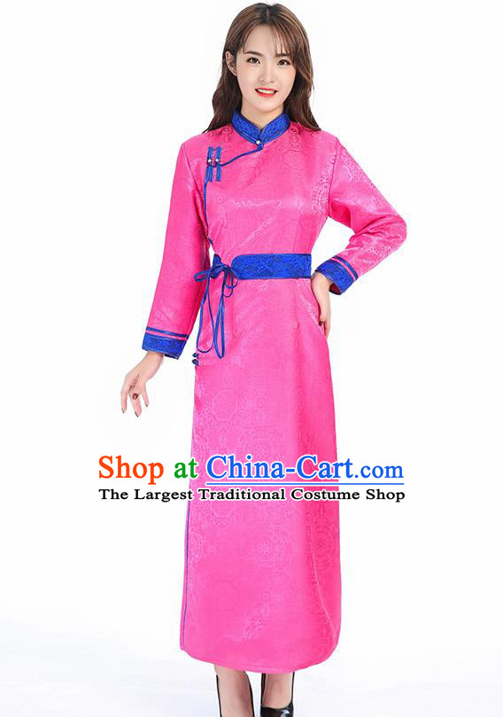 Traditional Chinese Mongol Minority Pink Brocade Mongolian Robe Apparels Ethnic Costume Mongolian Nationality Women Garment Dress