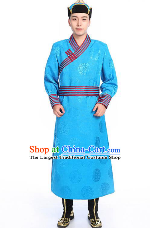 Chinese Traditional Ethnic Blue Mongolian Robe Mongolian Men Dance Garment Mongol Minority Stage Performance Costume