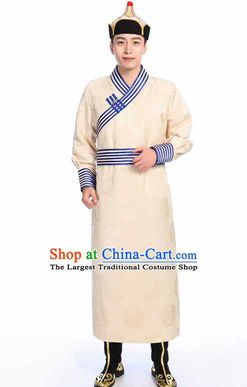 Chinese Traditional Ethnic Beige Mongolian Robe Mongolian Men Dance Garment Mongol Minority Stage Performance Costume