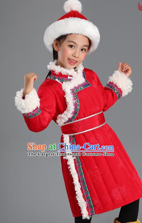 Traditional Chinese Mongol Minority Kids Red Mongolian Robe Winter Apparels Ethnic Costume Mongolian Nationality Children Garment