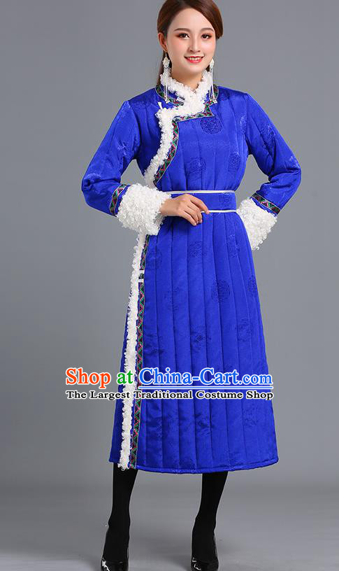 Traditional Chinese Mongol Minority Women Royalblue Mongolian Robe Apparels Ethnic Costume Mongolian Nationality Winter Garment