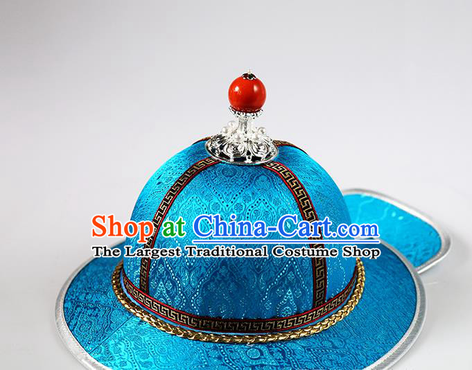 Traditional Chinese Mongol Minority Children Blue Brocade Hat Mongolian Ethnic Dance Performance Headwear for Kids