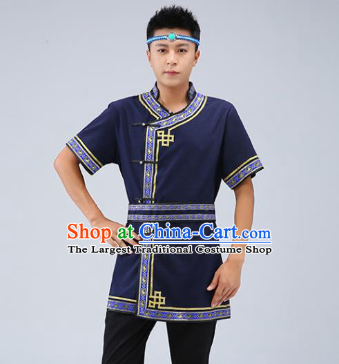 Chinese Traditional Ethnic Navy Short Sleeve Shirt Mongolian Dance Upper Outer Garment Mongol Minority Men Costume