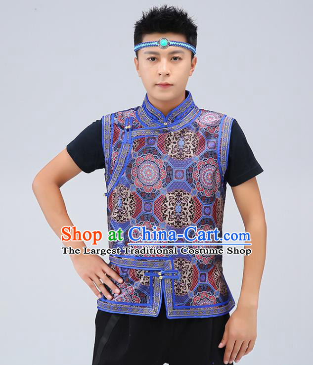 Chinese Traditional Mongol Minority Navy Brocade Vest Mongolian Costume Ethnic Men Upper Outer Garment Waistcoat