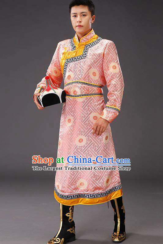 Chinese Traditional Pink Brocade Mongolian Robe Costume Mongol Minority Ethnic Men Garment