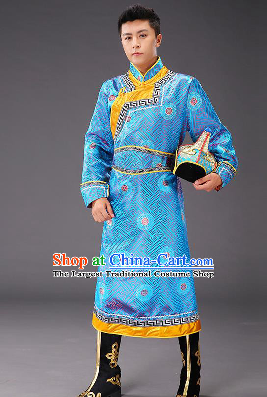 Chinese Traditional Blue Brocade Mongolian Robe Costume Mongol Minority Ethnic Men Garment