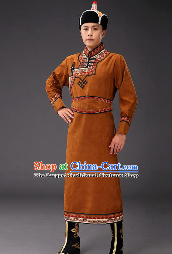 Chinese Traditional Brown Suede Fabric Mongolian Robe Costume Mongol Minority Ethnic Men Stage Performance Garment