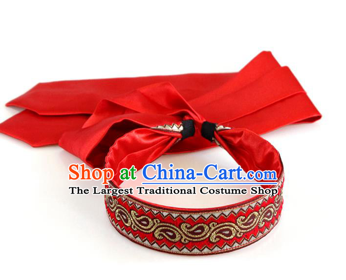 Traditional Chinese Ethnic Red Silk Ribbon Hair Clasp Mongol Minority Headband Mongolian Dance Hair Accessories